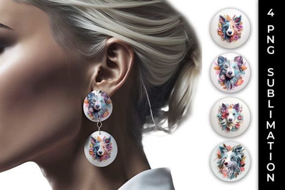 3D Floral Fantasy Border Collie Earrings